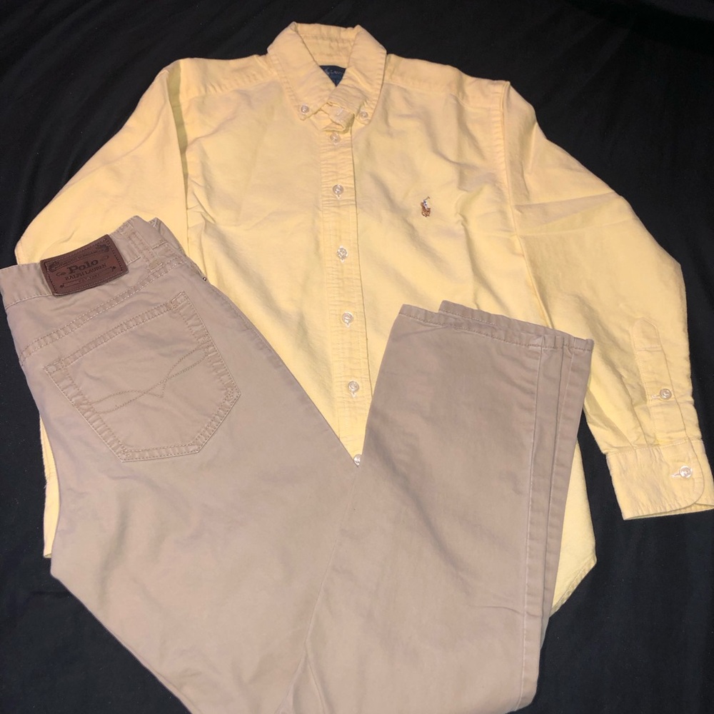 Ralph Lauren Yellow Polo Shirt with Tan RL Pants Outfit